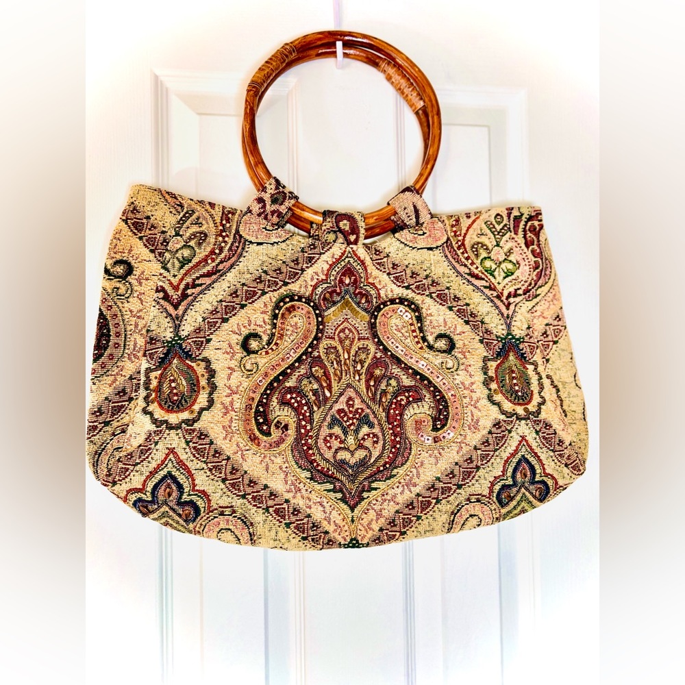 Paisley Beaded Knitting Bag/Purse - 8” Bamboo handles, 17”W x 10” L